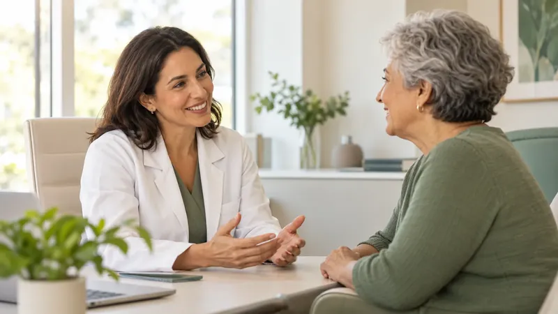 Médica conversando com uma mulher em consultório